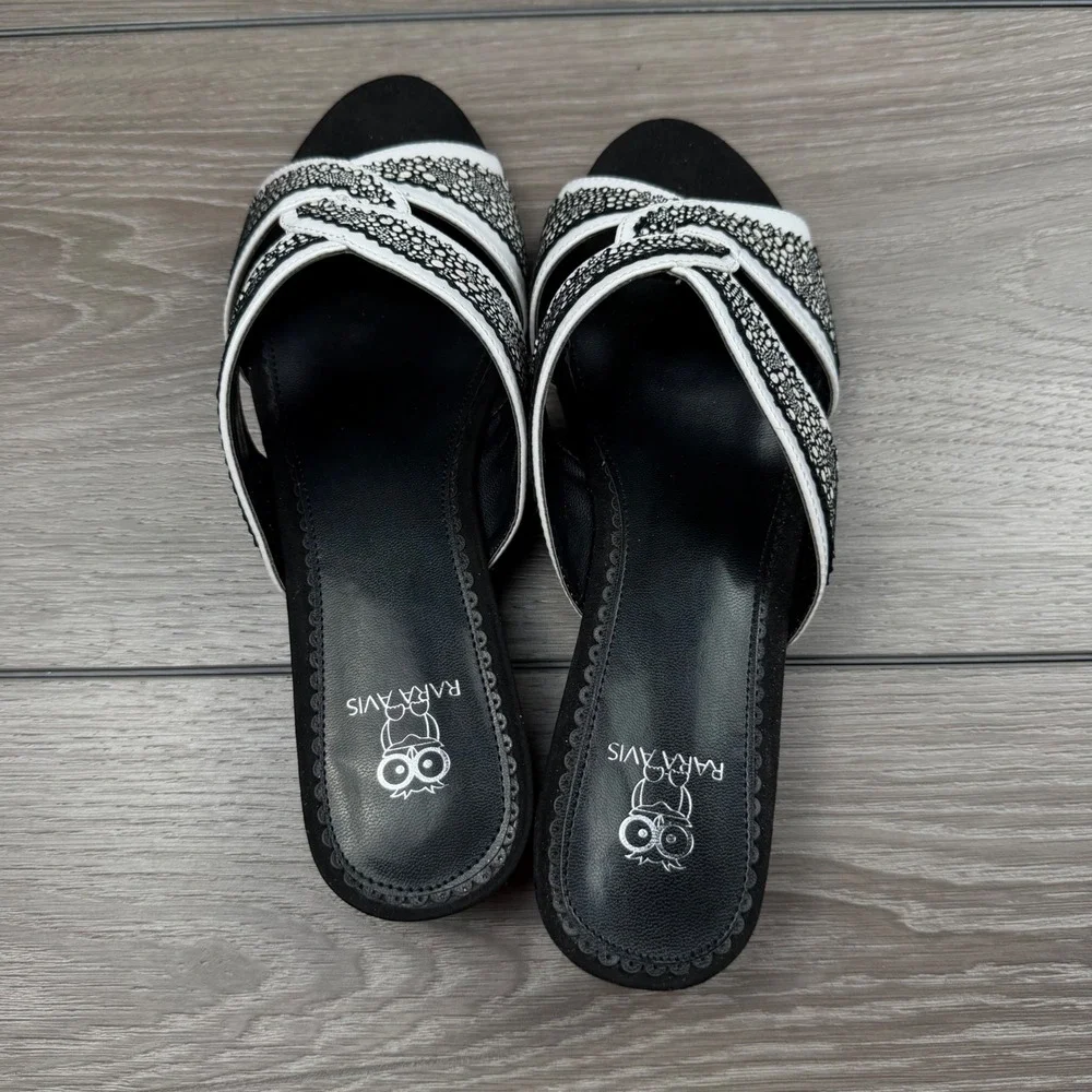 Rara Avis Womens Wedge Sandals Lace Detail Black White 8.5M